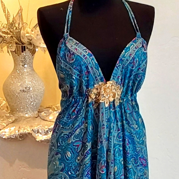 BOHEMIAN GODDESS Silk Turquoise Blue Floral Maxi Dress - Picture 4 of 6